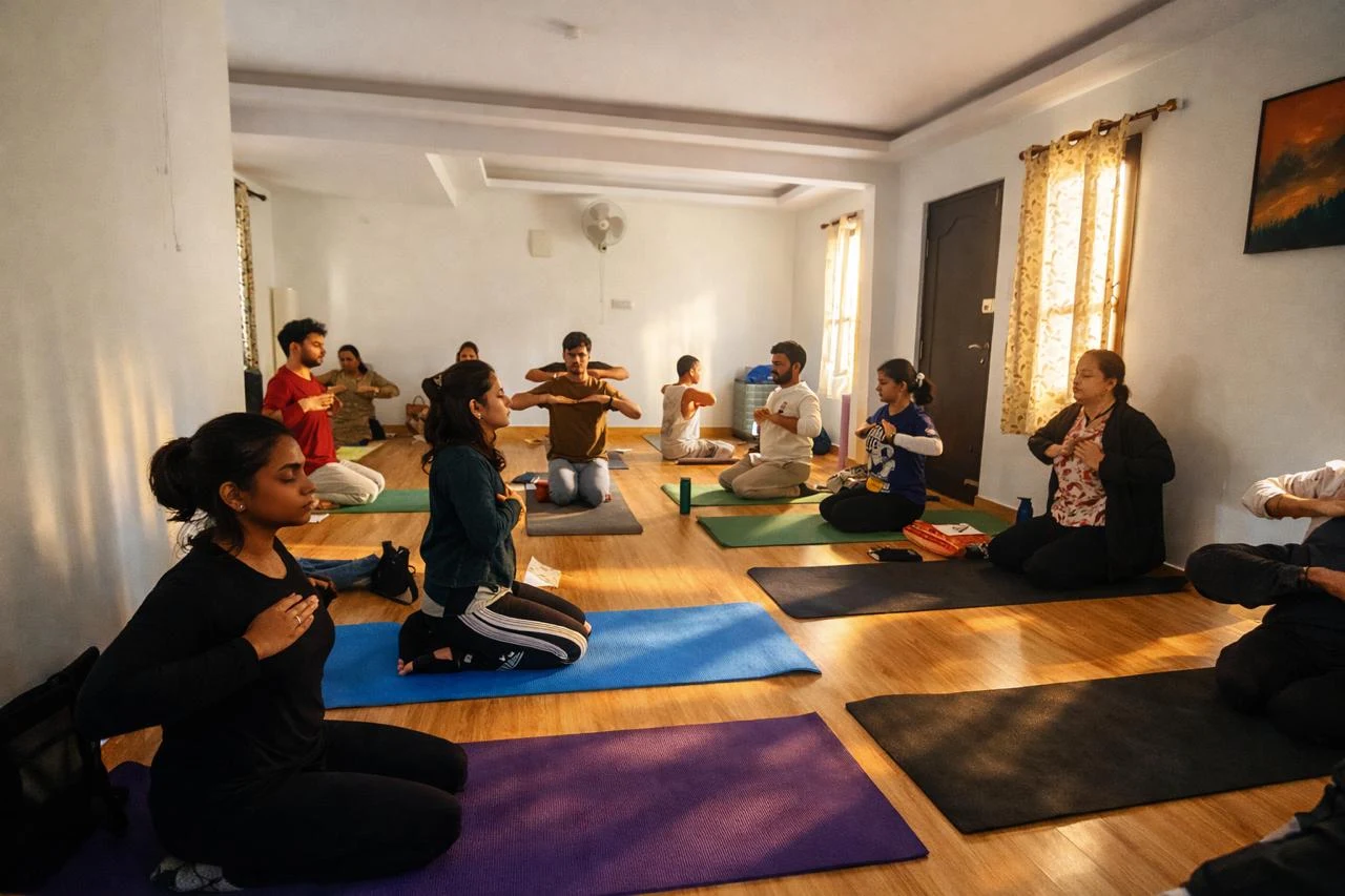 A group seated on yoga mats in the centre's studio, practising a guided breathing exercise in afternoon light