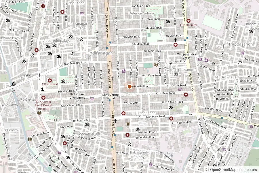 Map showing the centre on 11th Main Road, HAL 2nd Stage, Indiranagar